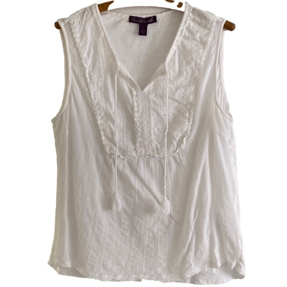 GLORIA Vanderbilt Top Round Neck Sleeveless Embroidered Lace Bib White Women XL